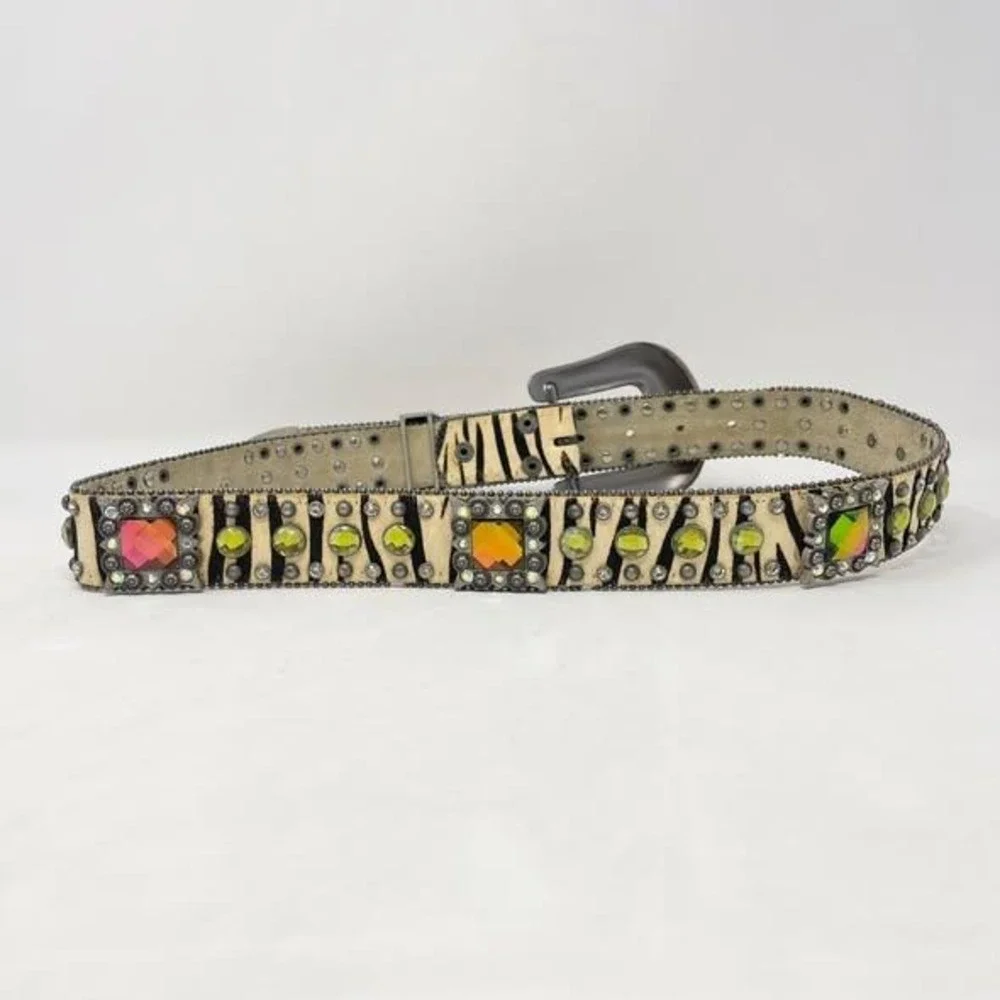 Nocona Western Belt Wms Large Leather Zebra Striped Rhinestone Bling Rodeo